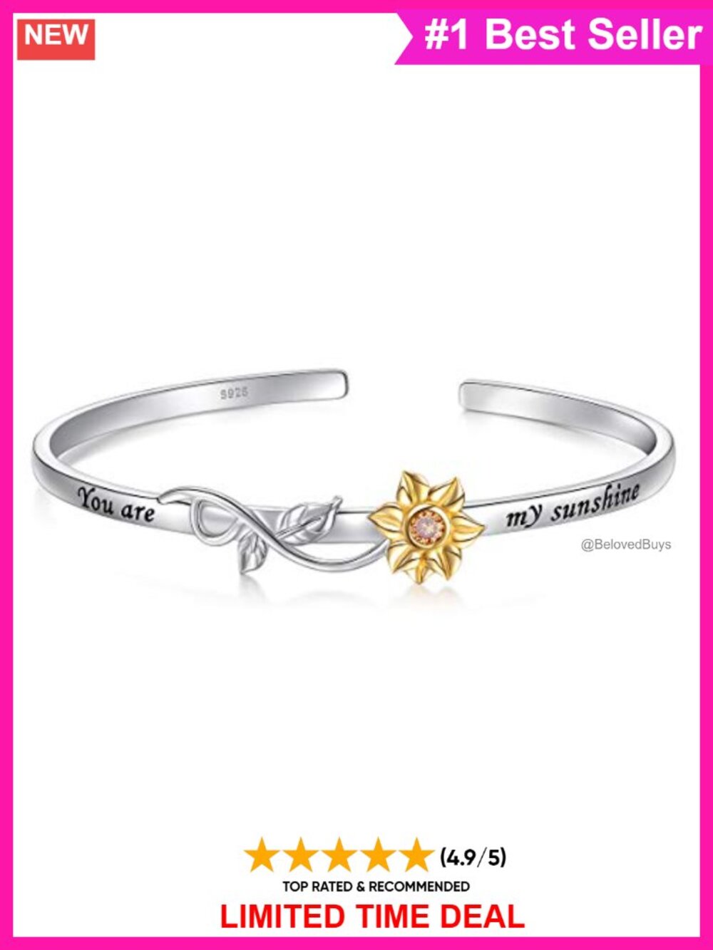 S925 Sterling Silver Sunflower Bangle Adjustable Open Bangle Engraved You Are